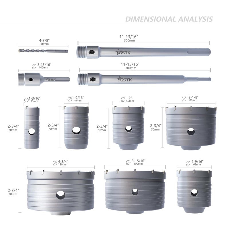 GSTK 7pcs Concrete Hole Saw Set (30mm, 40mm, 50mm, 65mm, 80mm, 100mm, 120mm) with SDS Plus Shank Attachment Bar - Ideal for Concrete, Cement, Brick, Stone, and Walls. - Image 2